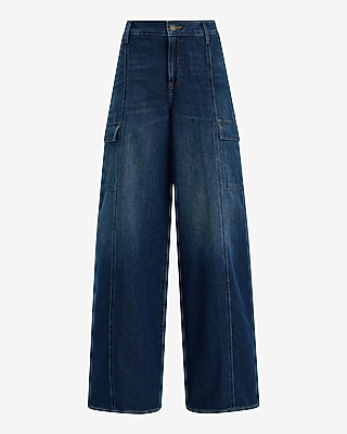 High Waisted Relaxed Wide Leg Cargo Dark Wash Jeans - thumbnail 6