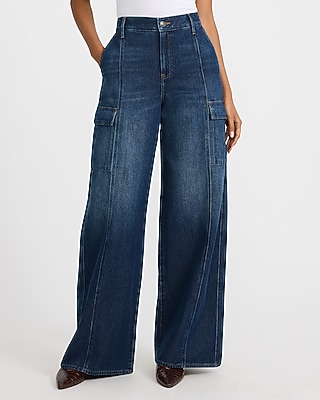 High Waisted Relaxed Wide Leg Cargo Dark Wash Jeans - thumbnail 2