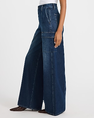 High Waisted Relaxed Wide Leg Cargo Dark Wash Jeans - thumbnail 3