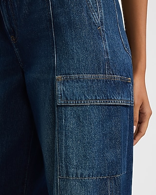 High Waisted Relaxed Wide Leg Cargo Dark Wash Jeans - thumbnail 4