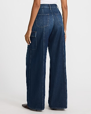 High Waisted Relaxed Wide Leg Cargo Dark Wash Jeans - thumbnail 5