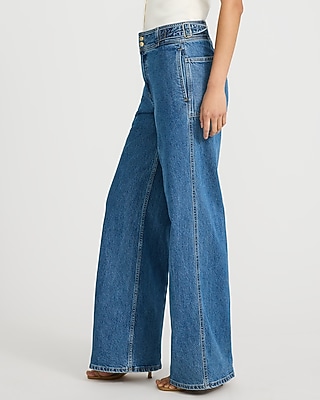 High Waisted Medium Wash Waist Tab Wide Leg Jeans
