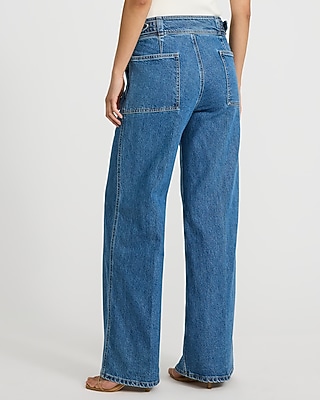 High Waisted Medium Wash Waist Tab Wide Leg Jeans
