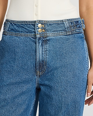 High Waisted Medium Wash Waist Tab Wide Leg Jeans