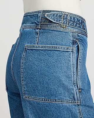 High Waisted Medium Wash Waist Tab Wide Leg Jeans