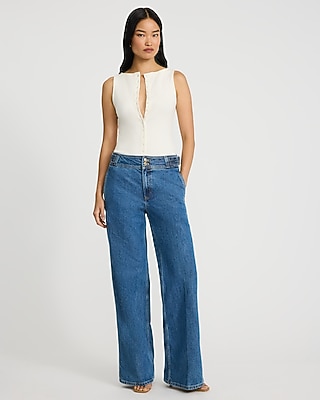 High Waisted Medium Wash Waist Tab Wide Leg Jeans