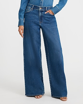 High Waisted Dark Wash Relaxed Wide Leg Jeans | Express