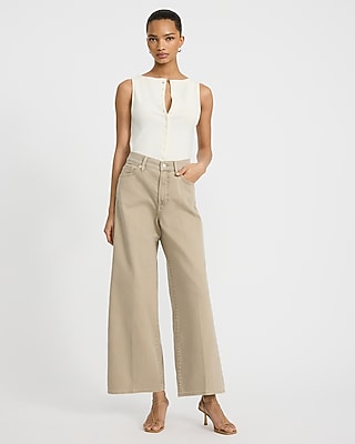 High Waisted Khaki Wide Leg Ankle Jeans
