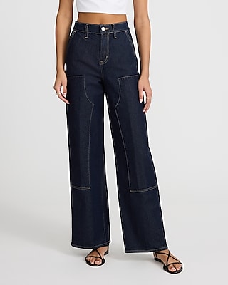High Waisted Dark Wash Carpenter Wide Leg Jeans