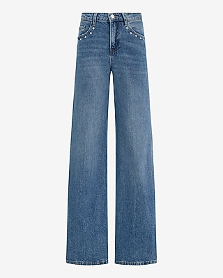 High Waisted Studded Wide Leg Medium Wash Jeans