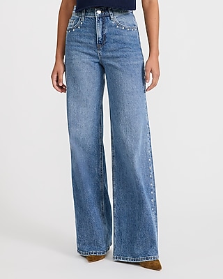 High Waisted Studded Wide Leg Medium Wash Jeans