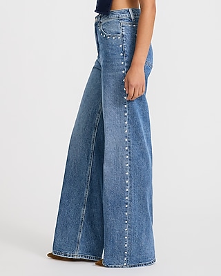 High Waisted Studded Wide Leg Medium Wash Jeans