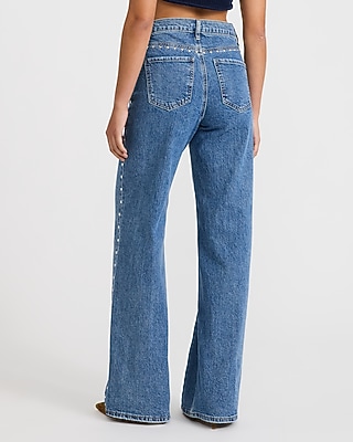 High Waisted Studded Wide Leg Medium Wash Jeans