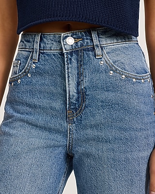 High Waisted Studded Wide Leg Medium Wash Jeans
