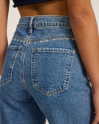 High Waisted Studded Wide Leg Medium Wash Jeans
