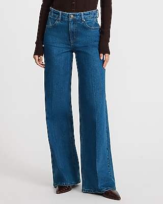 High Waisted Wide Leg Pocket Detail Medium Wash Jeans