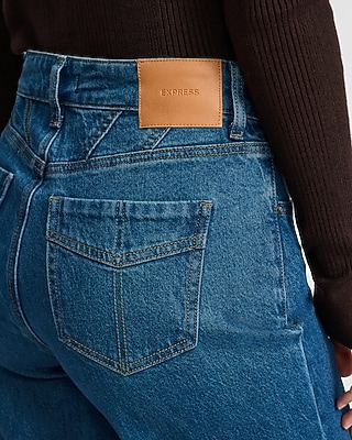 High Waisted Wide Leg Pocket Detail Medium Wash Jeans