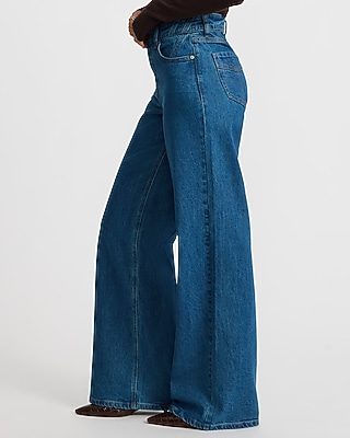 High Waisted Wide Leg Pocket Detail Medium Wash Jeans