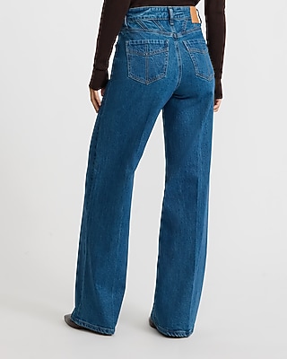 High Waisted Wide Leg Pocket Detail Medium Wash Jeans