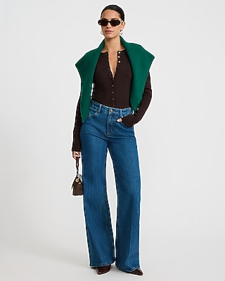 High Waisted Wide Leg Pocket Detail Medium Wash Jeans