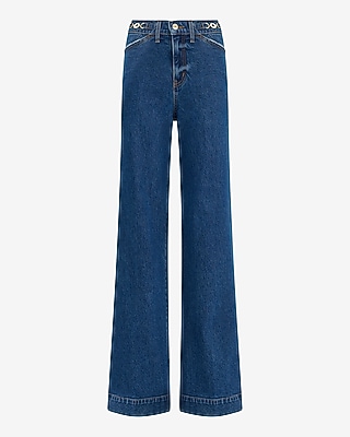 High Waisted Wide Leg Horsebit Dark Wash Jeans