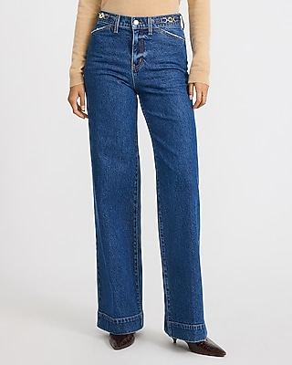 High Waisted Wide Leg Horsebit Dark Wash Jeans