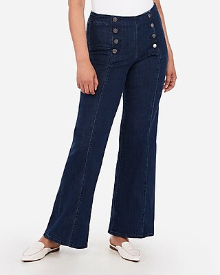 button front wide leg jeans