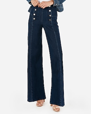 button front wide leg jeans