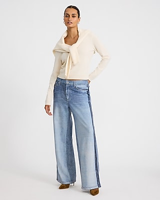 High Waisted Pull On Wide Leg Light Wash Knit Jeans - thumbnail 10