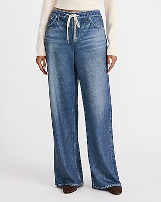 High Waisted Drawstring Wide Leg Light Wash Jeans