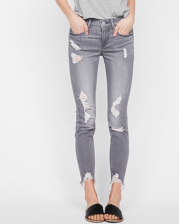 mid rise gray destroyed stretch ankle jean leggings