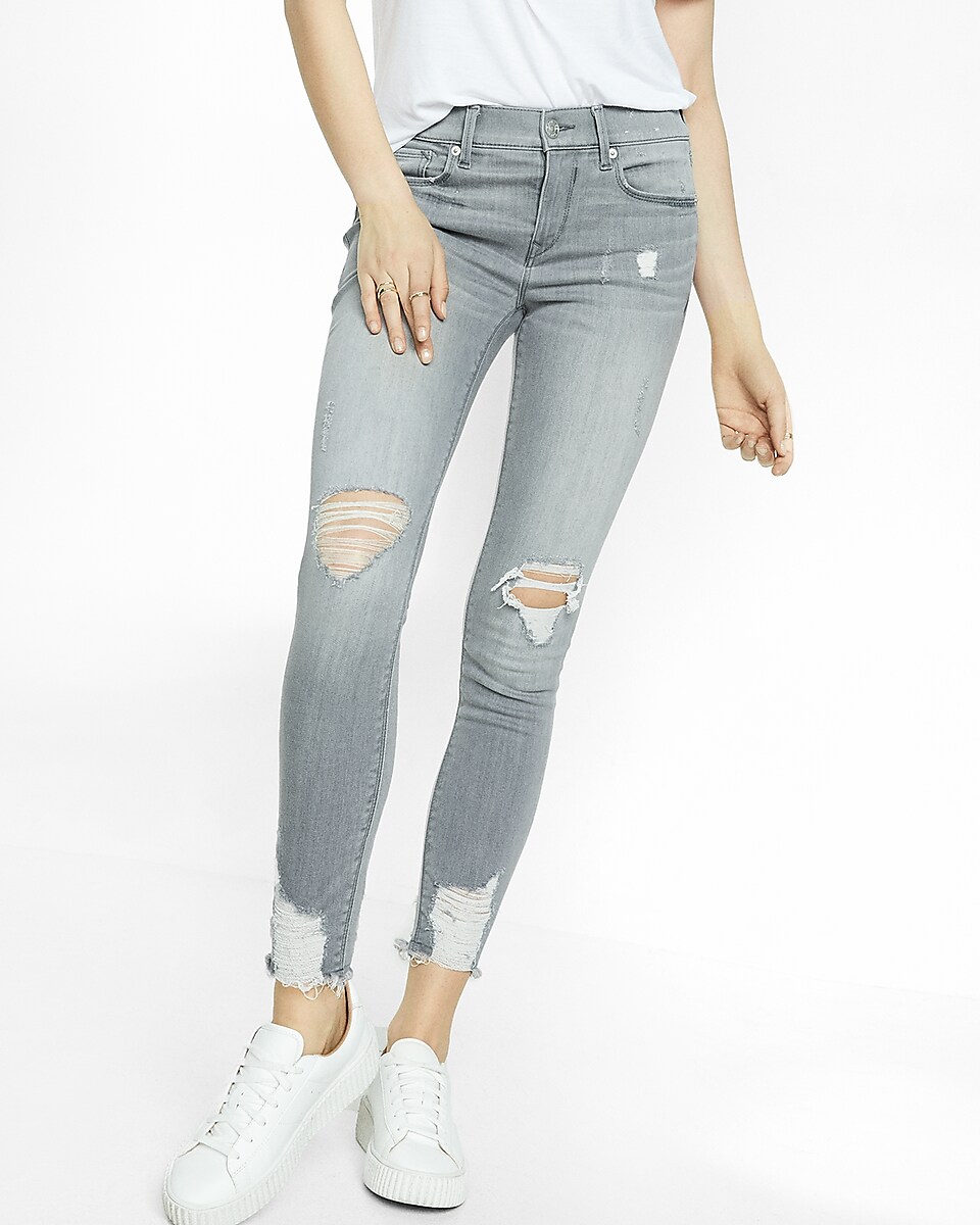 Gray Mid Rise Destroyed Stretch Ankle Jean Leggings | Express
