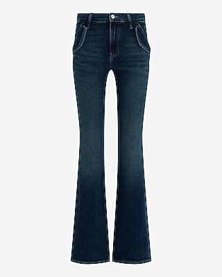 High Waisted Flap Pocket '70s Flare Dark Wash Jeans Hyper Stretch