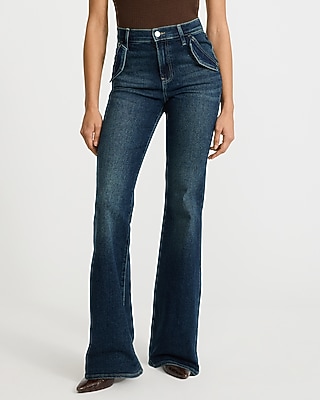 High Waisted Flap Pocket '70s Flare Dark Wash Jeans Hyper Stretch