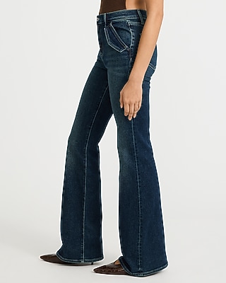 High Waisted Flap Pocket '70s Flare Dark Wash Jeans Hyper Stretch