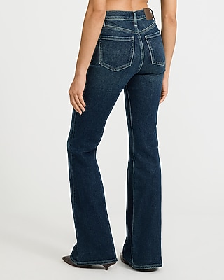 High Waisted Flap Pocket '70s Flare Dark Wash Jeans Hyper Stretch