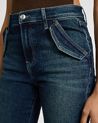 High Waisted Flap Pocket '70s Flare Dark Wash Jeans Hyper Stretch