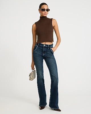 High Waisted Flap Pocket '70s Flare Dark Wash Jeans Hyper Stretch