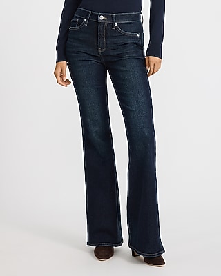 High Waisted '70s Flare Seamed Dark Wash Jeans Hyper Stretch