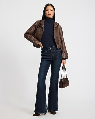 High Waisted '70s Flare Seamed Dark Wash Jeans in Hyper Stretch