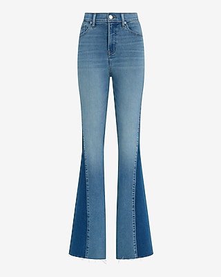 High Waisted Contrast Panel '70s Flare Dark Wash Jeans Hyper Stretch