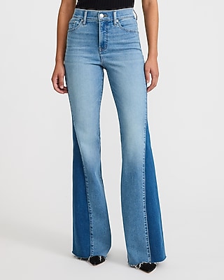 High Waisted Contrast Panel '70s Flare Dark Wash Jeans Hyper Stretch