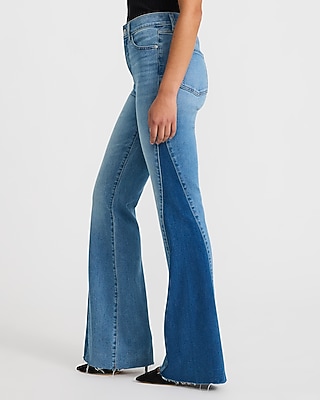 High Waisted Contrast Panel '70s Flare Dark Wash Jeans Hyper Stretch