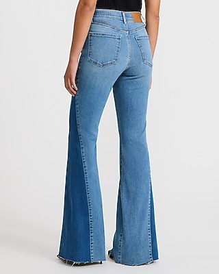 High Waisted Contrast Panel '70s Flare Dark Wash Jeans Hyper Stretch