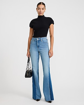 High Waisted Contrast Panel '70s Flare Dark Wash Jeans Hyper Stretch