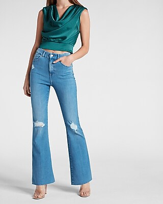 High Waisted FlexX Medium Wash Ripped Flare Jeans - image 2