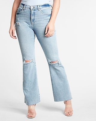 high waisted light wash ripped flare jeans