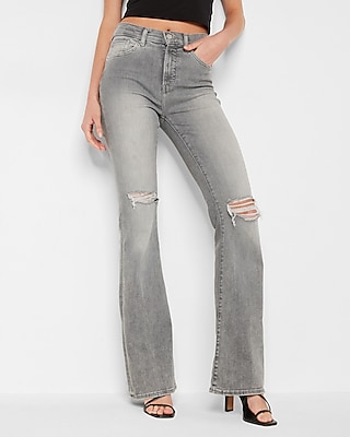 High Waisted Gray Ripped Flare Jeans
