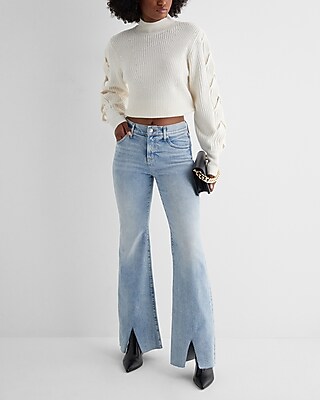 Mid Rise Light Wash Front Vent '70s Flare Jeans