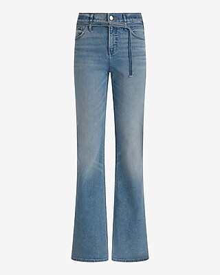 Mid Rise Medium Wash Belted '70s Flare Jeans